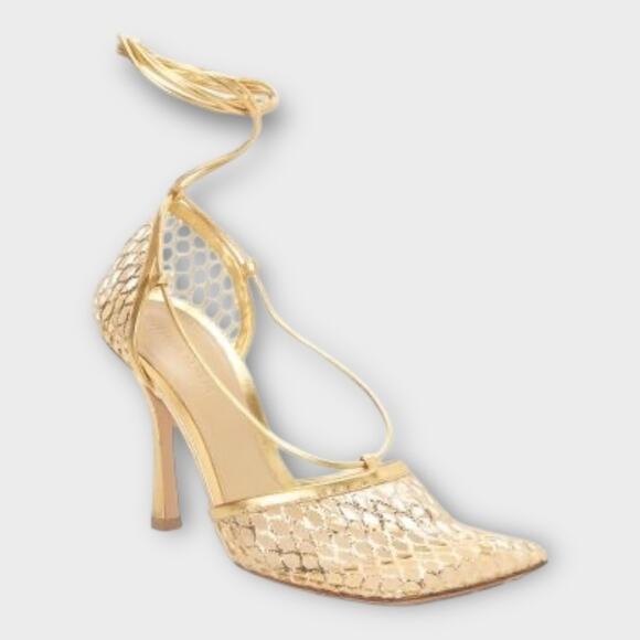 Womans Stretch Mesh Ankle Tie High Heel Sandals In Gold Size 37 - Picture 2 of 12